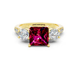 Yellow gold Three-Stone Princess Cut Garnet Pavé Band with Four-Prong Setting