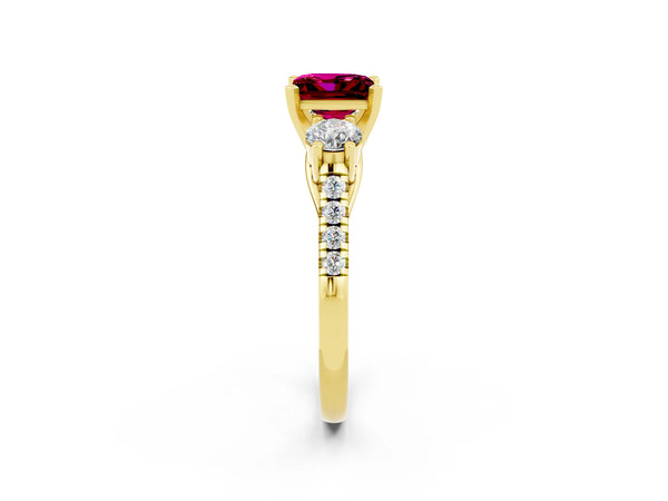 Yellow gold Three-Stone Princess Cut Garnet Pavé Band with Four-Prong Setting
