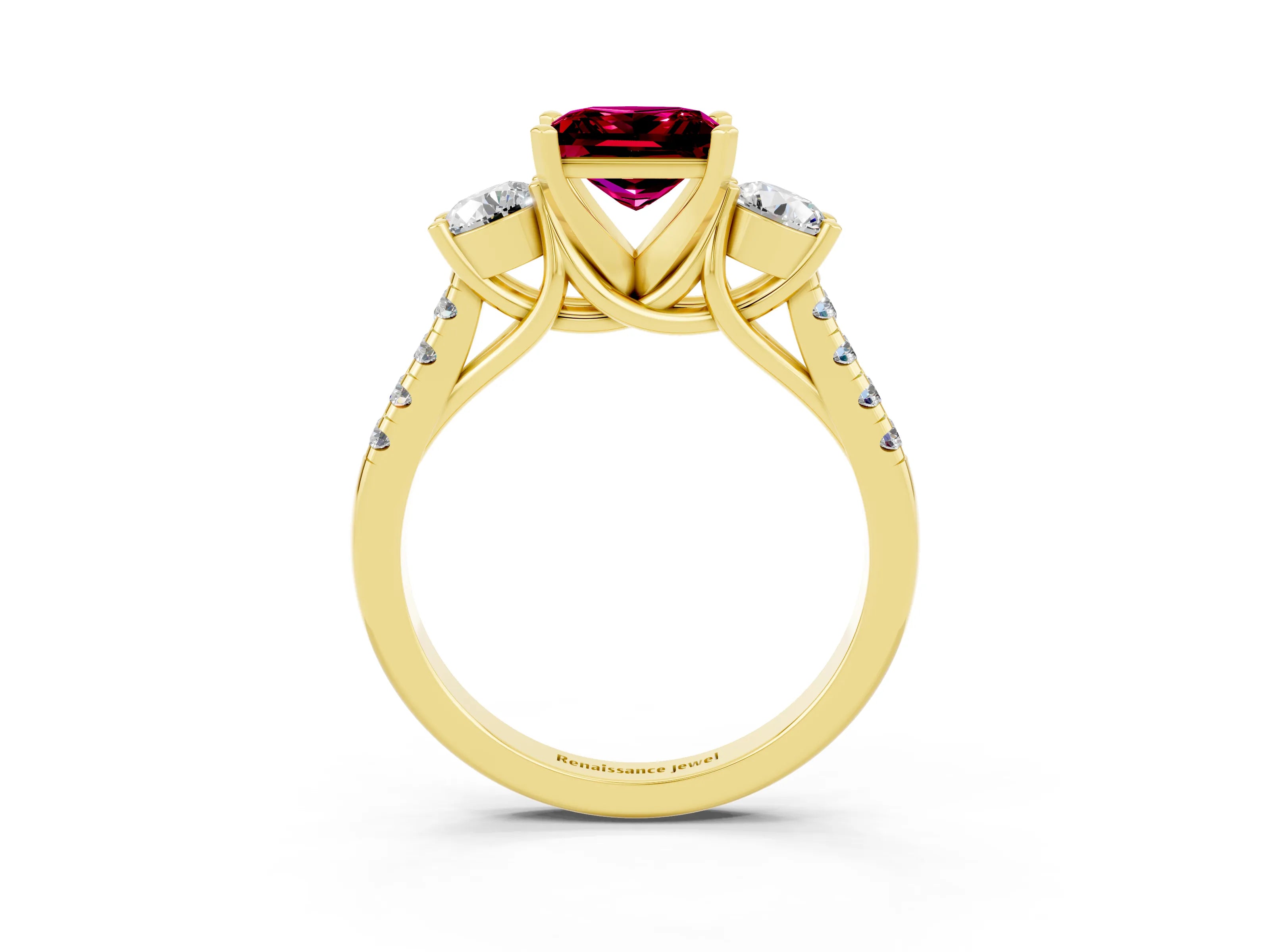 Yellow gold Three-Stone Princess Cut Garnet Pavé Band with Four-Prong Setting_3