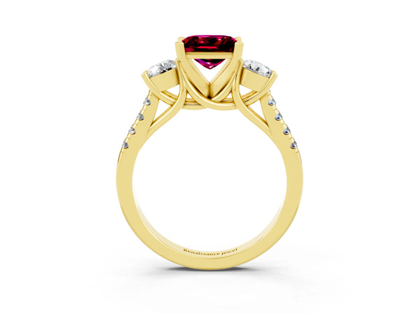 Yellow gold Three-Stone Princess Cut Garnet Pavé Band with Four-Prong Setting