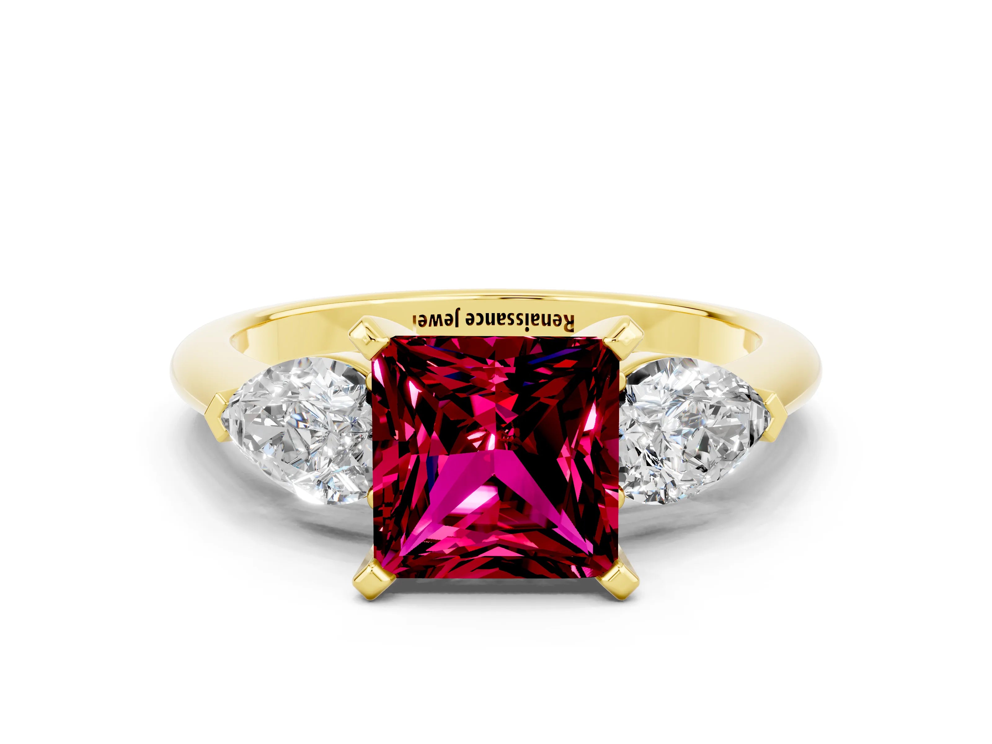 Yellow gold Three-Stone Princess Cut Garnet Ring with Pear Side Stones and Four-Prong Setting