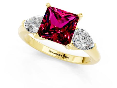 Yellow gold Three-Stone Princess Cut Garnet Ring with Pear Side Stones and Four-Prong Setting_1