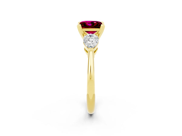 Yellow gold Three-Stone Princess Cut Garnet Ring with Pear Side Stones and Four-Prong Setting