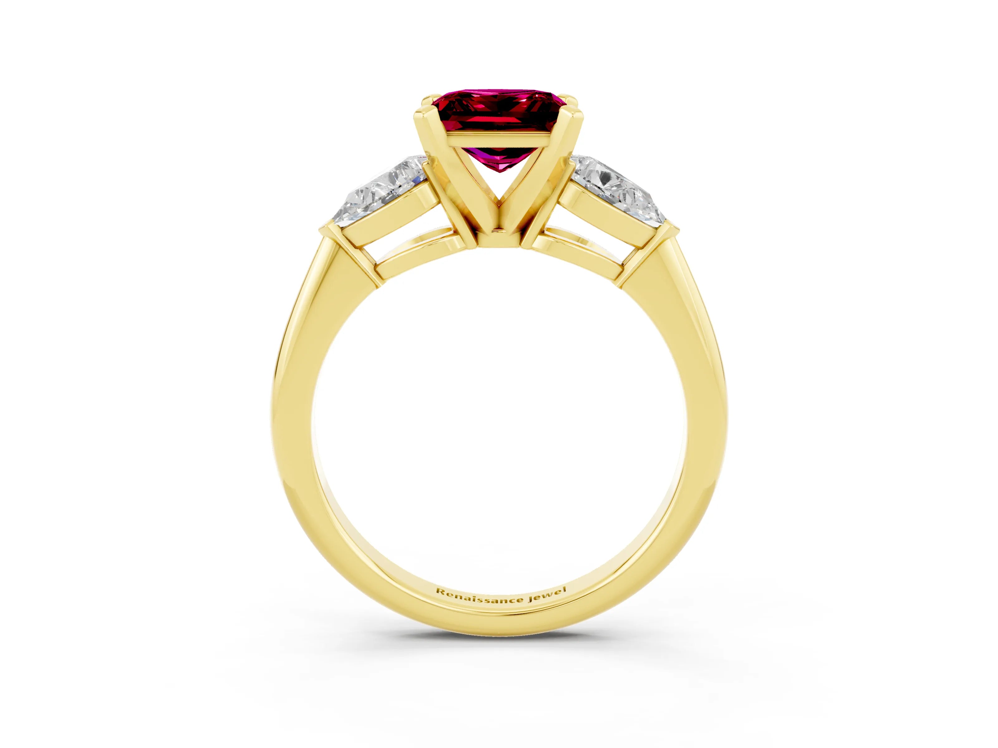 Yellow gold Three-Stone Princess Cut Garnet Ring with Pear Side Stones and Four-Prong Setting_3