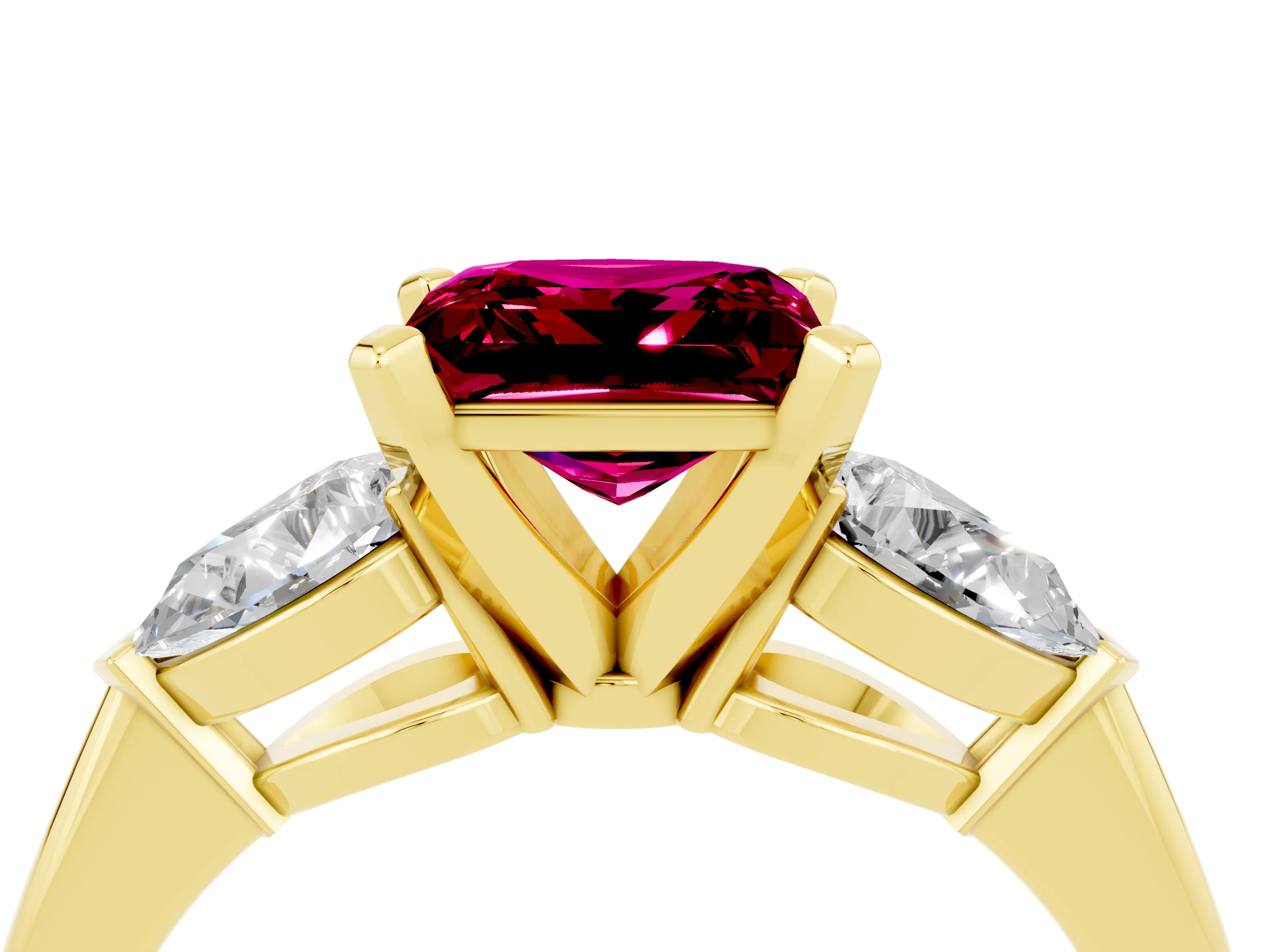 Yellow gold Three-Stone Princess Cut Garnet Ring with Pear Side Stones and Four-Prong Setting_4