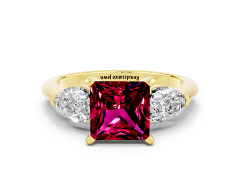 Yellow gold Three-Stone Princess Cut Garnet Ring with Pear Side Stones and Four-Prong Setting