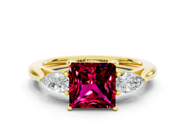 Yellow gold Three-Stone Princess Cut Garnet Ring with Pear  Side Stones in Four-Prong Setting