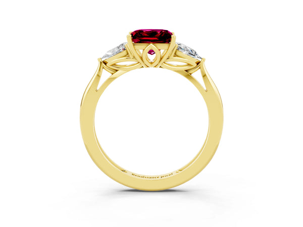 Yellow gold Three-Stone Princess Cut Garnet Ring with Pear  Side Stones in Four-Prong Setting