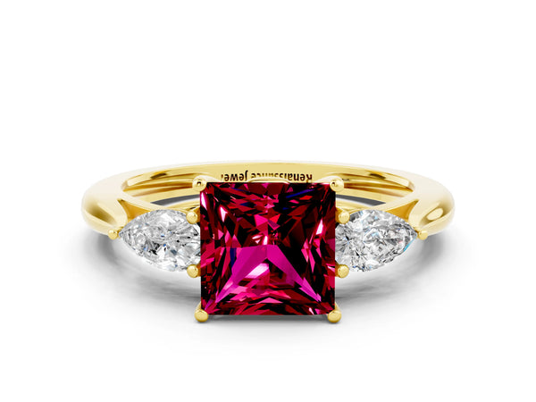 Yellow Gold Princess Cut Garnet Three Stone Engagement Ring with Pear Side Stones and Thin Band