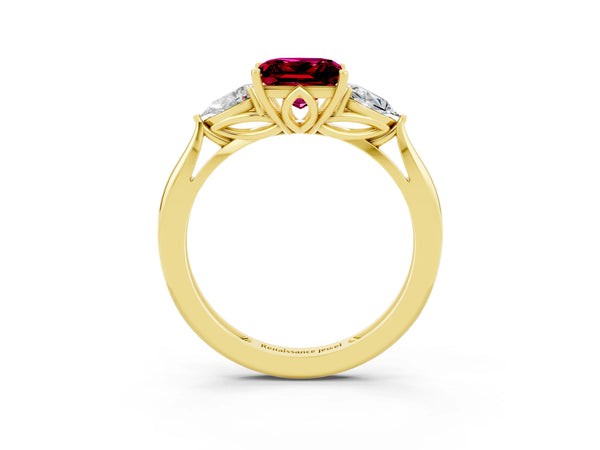 Yellow Gold Princess Cut Garnet Three Stone Engagement Ring with Pear Side Stones and Thin Band