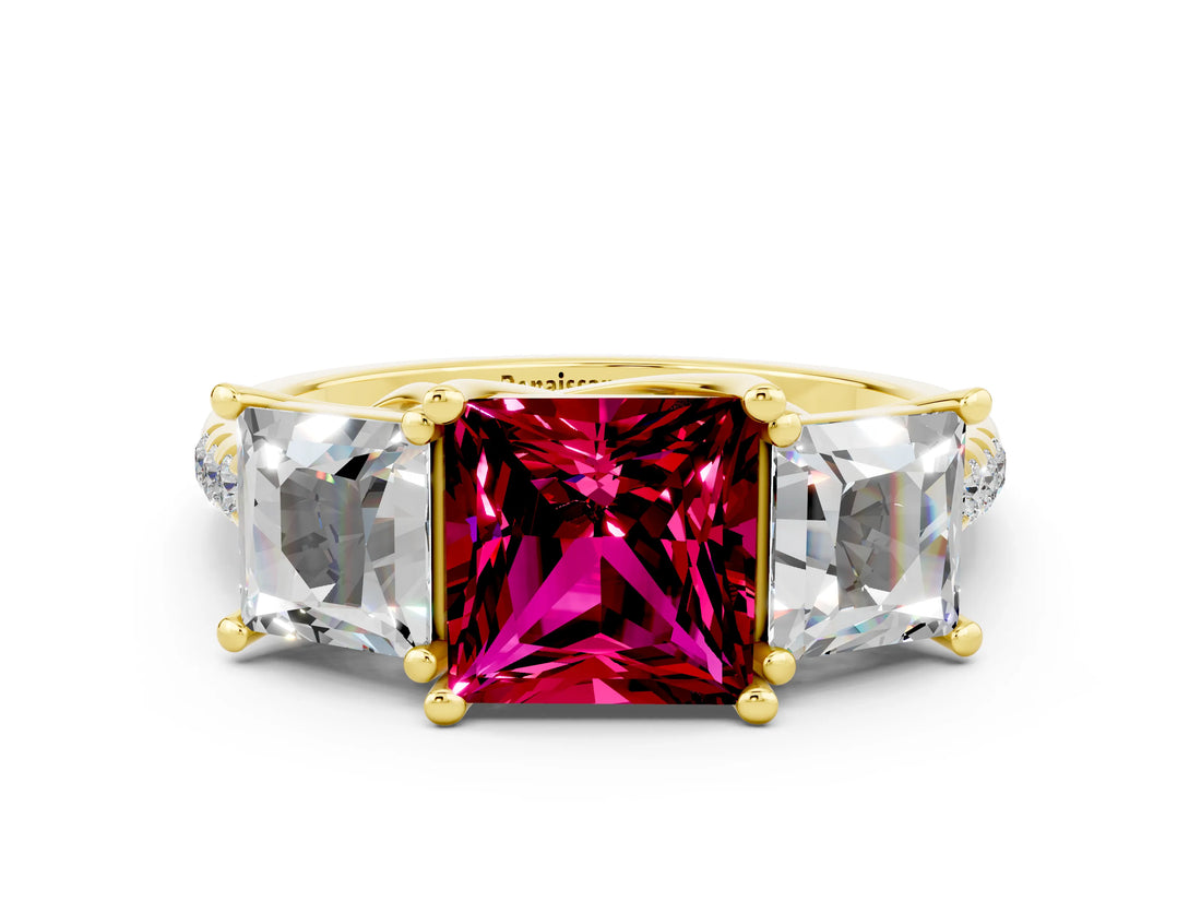 Yellow gold Three-Stone Princess Cut Garnet Ring with Round  Pavé Band and Prong Setting_12