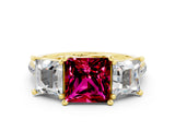 Yellow gold Three-Stone Princess Cut Garnet Ring with Round  Pavé Band and Prong Setting_12