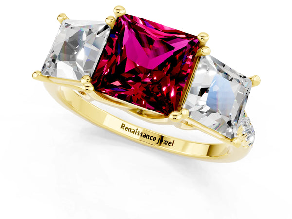 Yellow gold Three-Stone Princess Cut Garnet Ring with Round  Pavé Band and Prong Setting