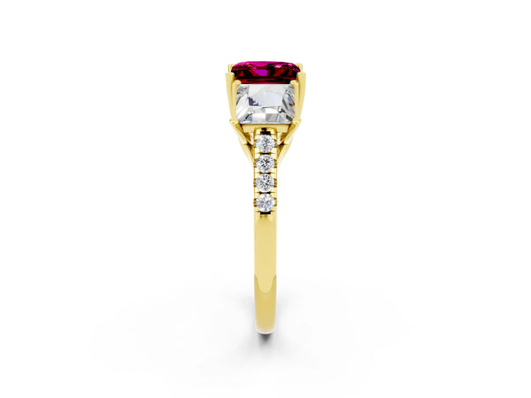 Yellow gold Three-Stone Princess Cut Garnet Ring with Round  Pavé Band and Prong Setting