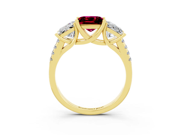 Yellow gold Three-Stone Princess Cut Garnet Ring with Round  Pavé Band and Prong Setting