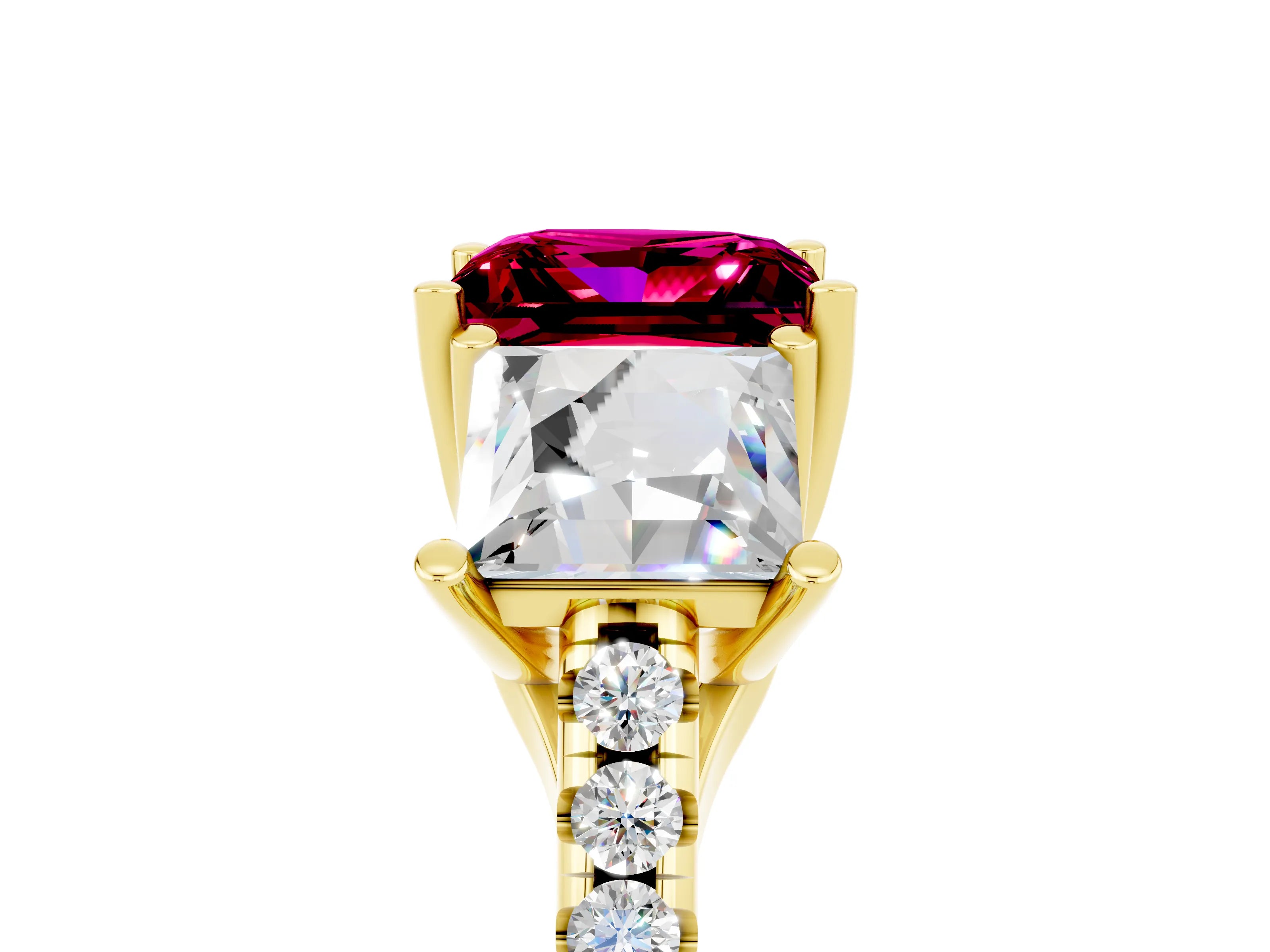 Yellow gold Three-Stone Princess Cut Garnet Ring with Round  Pavé Band and Prong Setting_29