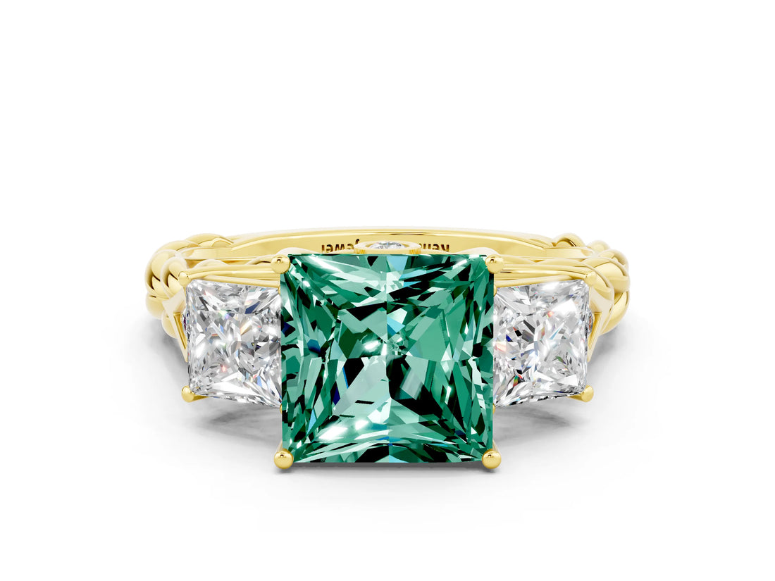 Yellow gold Three-Stone Princess Cut Green Sapphire Braided Band Ring with Four-Prong Setting_12