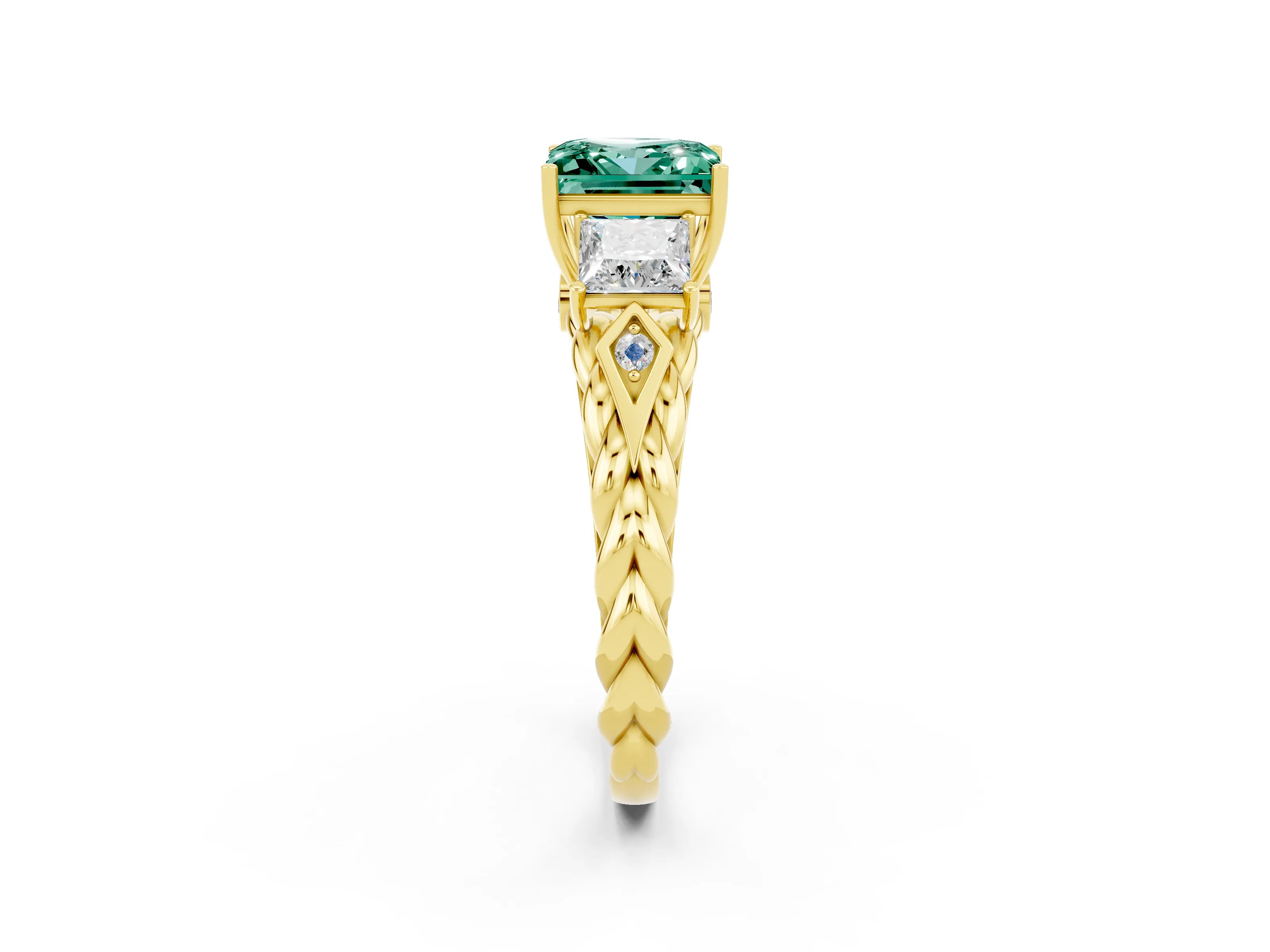 Yellow gold Three-Stone Princess Cut Green Sapphire Braided Band Ring with Four-Prong Setting_14
