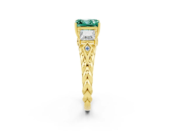 Yellow gold Three-Stone Princess Cut Green Sapphire Braided Band Ring with Four-Prong Setting