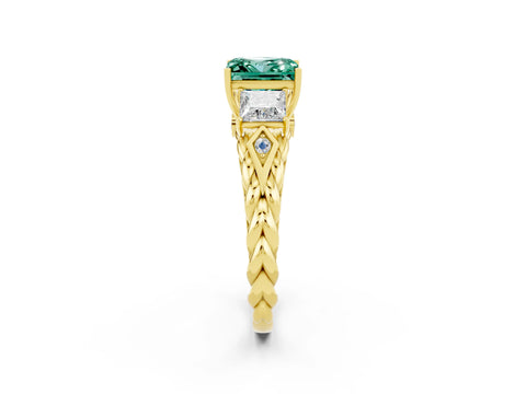 Yellow gold Three-Stone Princess Cut Green Sapphire Braided Band Ring with Four-Prong Setting_14