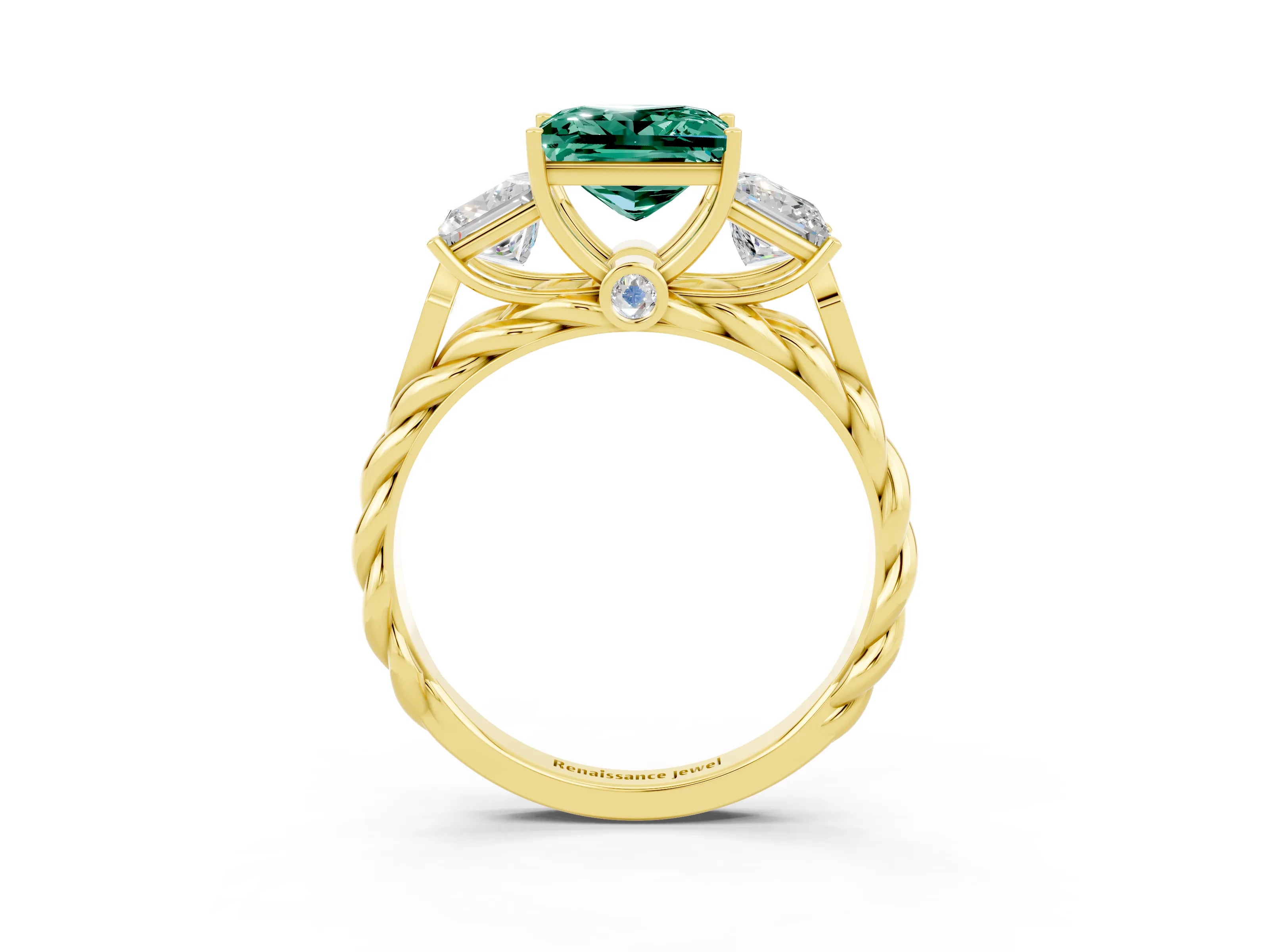 Yellow gold Three-Stone Princess Cut Green Sapphire Braided Band Ring with Four-Prong Setting_15
