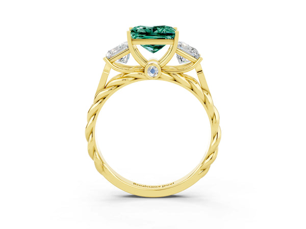 Yellow gold Three-Stone Princess Cut Green Sapphire Braided Band Ring with Four-Prong Setting