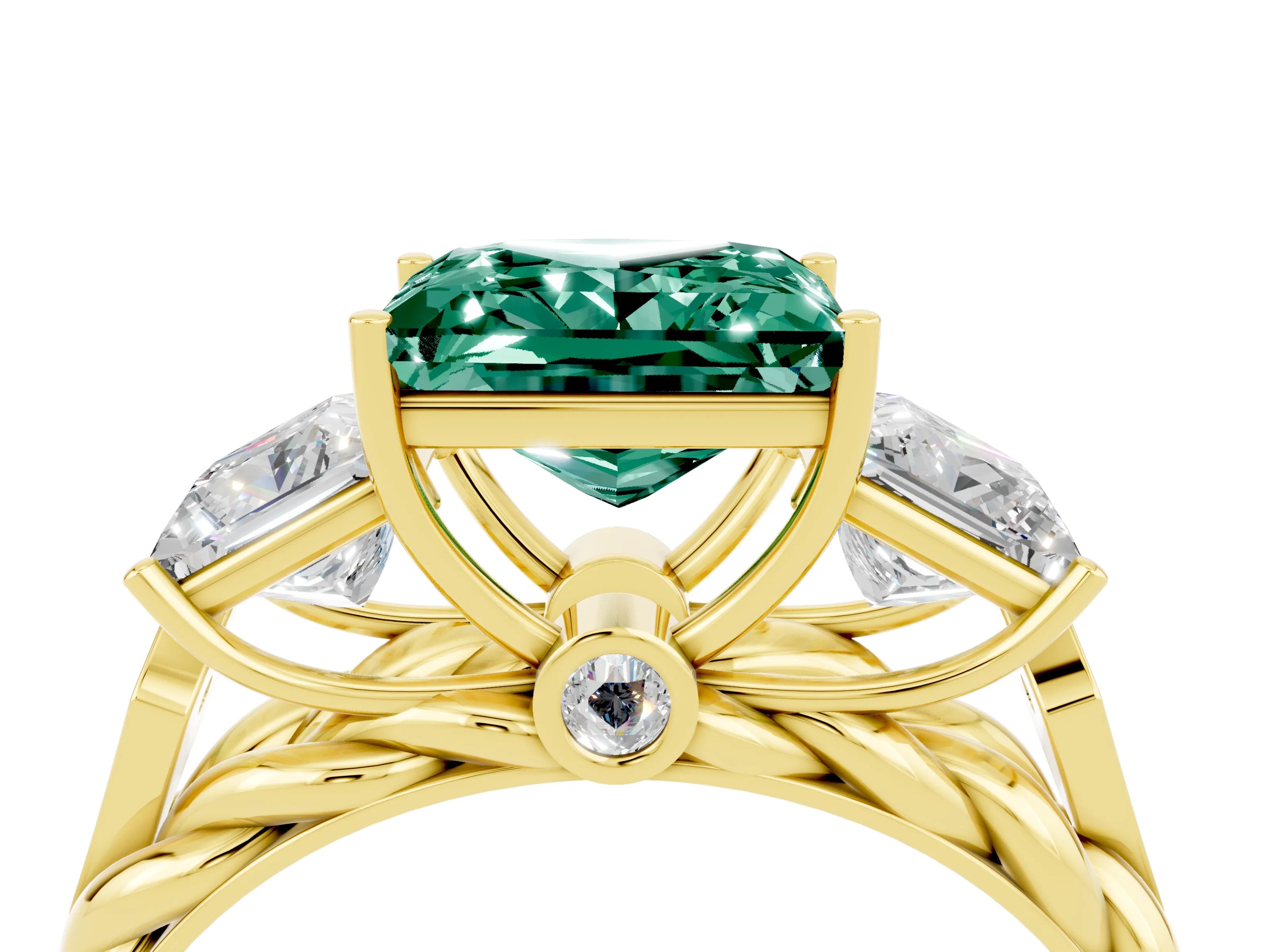 Yellow gold Three-Stone Princess Cut Green Sapphire Braided Band Ring with Four-Prong Setting_16