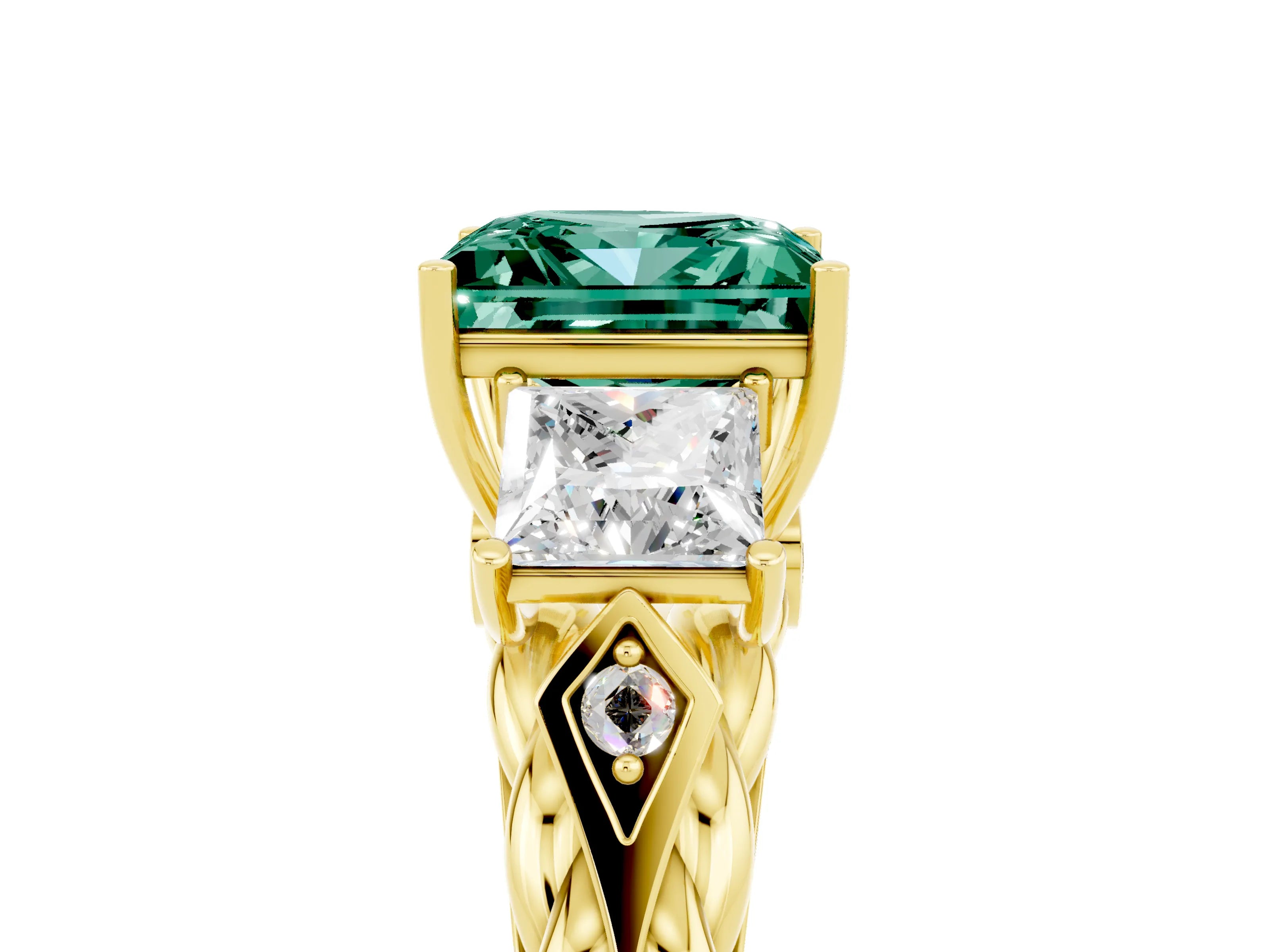 Yellow gold Three-Stone Princess Cut Green Sapphire Braided Band Ring with Four-Prong Setting_17