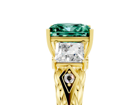 Yellow gold Three-Stone Princess Cut Green Sapphire Braided Band Ring with Four-Prong Setting_17