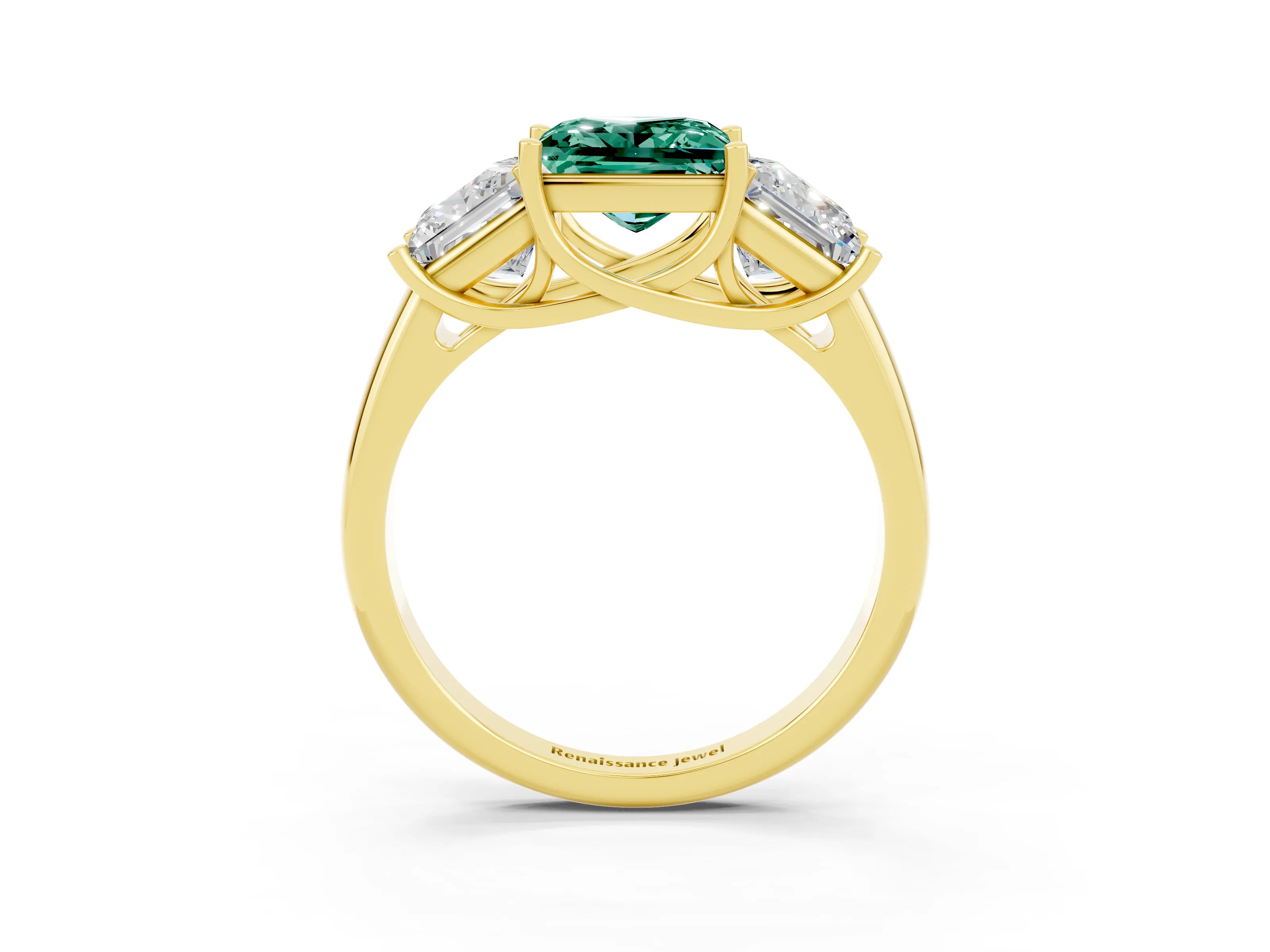 Yellow gold Three-Stone Princess Cut Green Sapphire Engagement Ring with Prong Setting_3