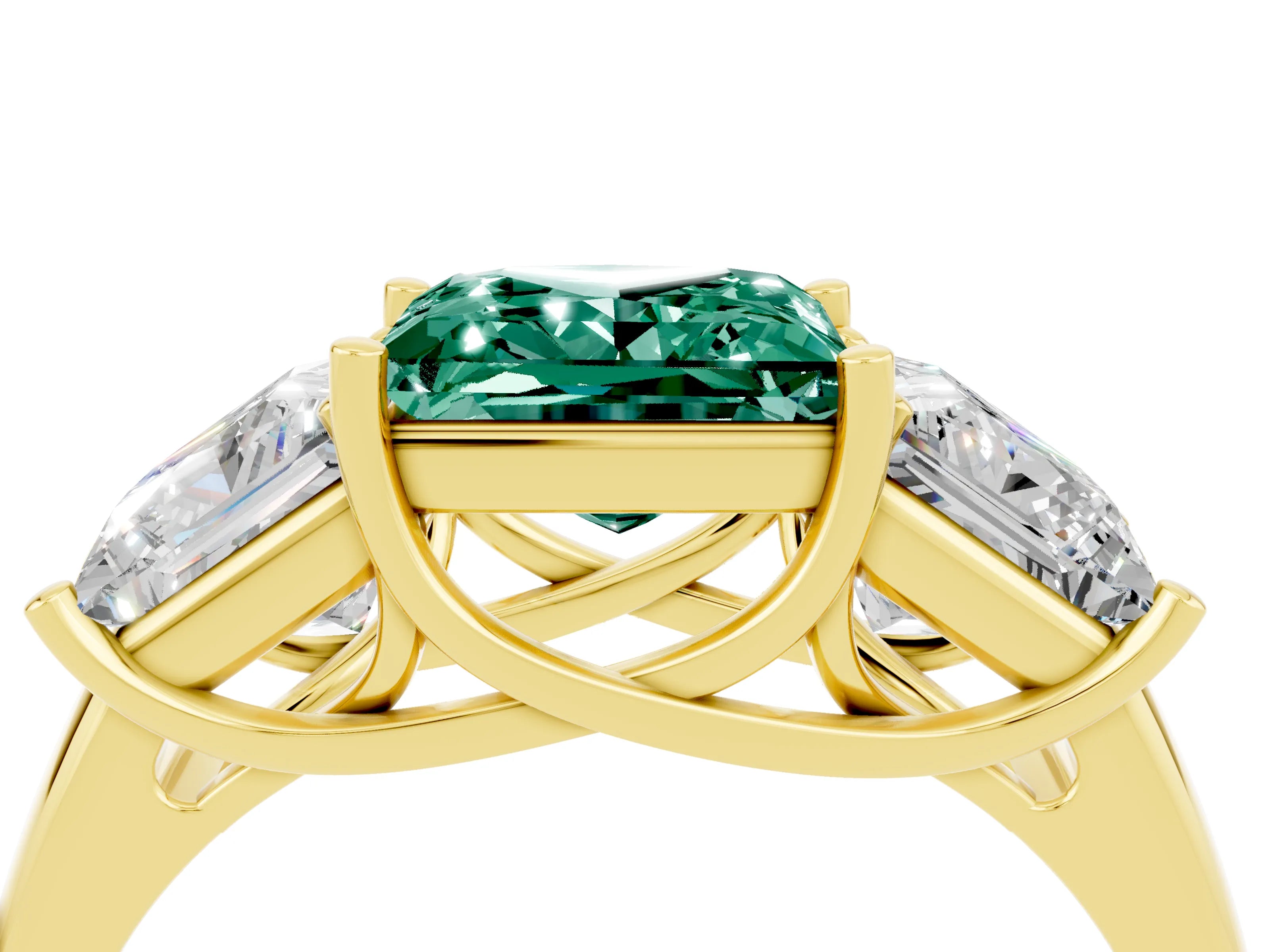 Yellow gold Three-Stone Princess Cut Green Sapphire Engagement Ring with Prong Setting_4