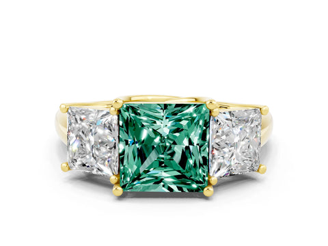 Yellow gold Three-Stone Princess Cut Green Sapphire Engagement Ring with Prong Setting