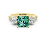 Yellow gold Three-Stone Princess Cut Green Sapphire Pavé Band with Four-Prong Setting
