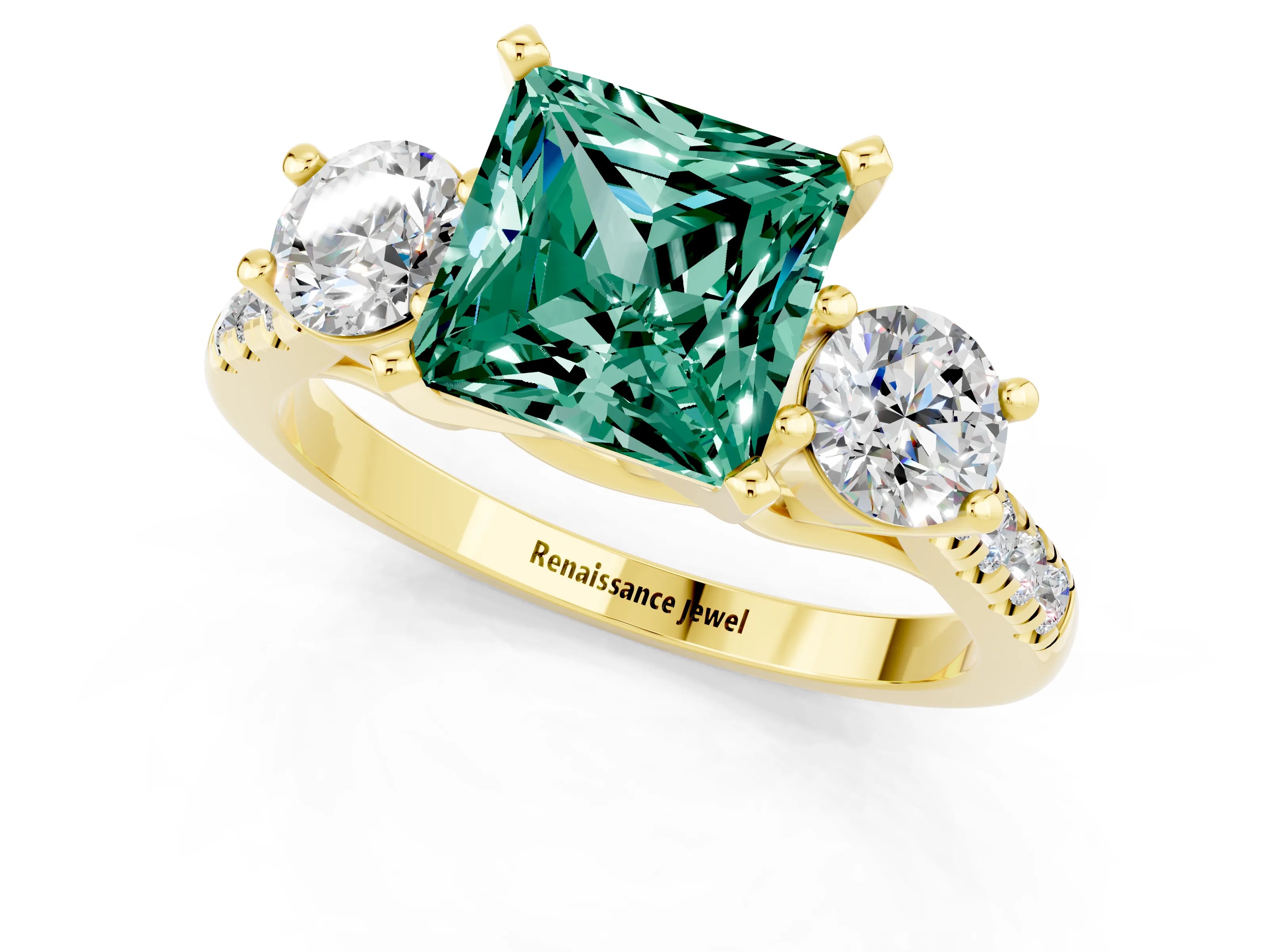 Yellow gold Three-Stone Princess Cut Green Sapphire Pavé Band with Four-Prong Setting_1
