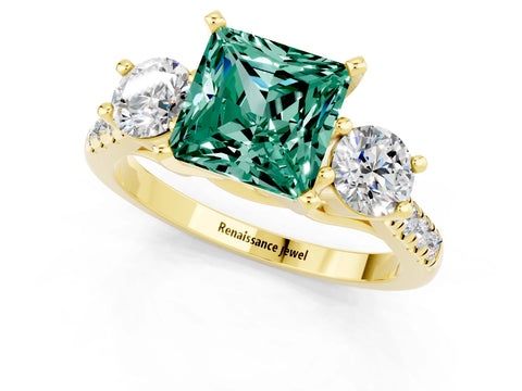 Yellow gold Three-Stone Princess Cut Green Sapphire Pavé Band with Four-Prong Setting_1