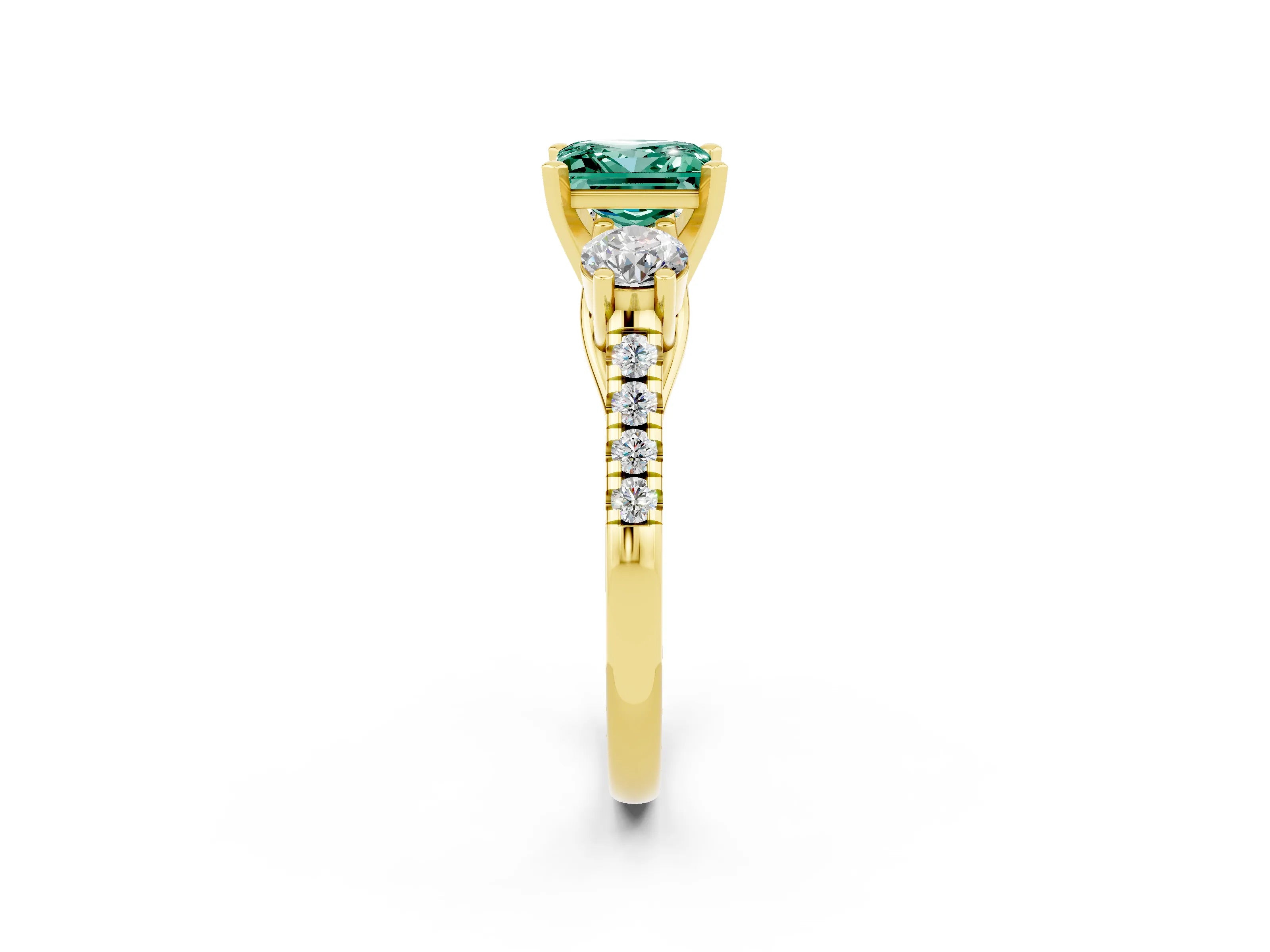 Yellow gold Three-Stone Princess Cut Green Sapphire Pavé Band with Four-Prong Setting_2