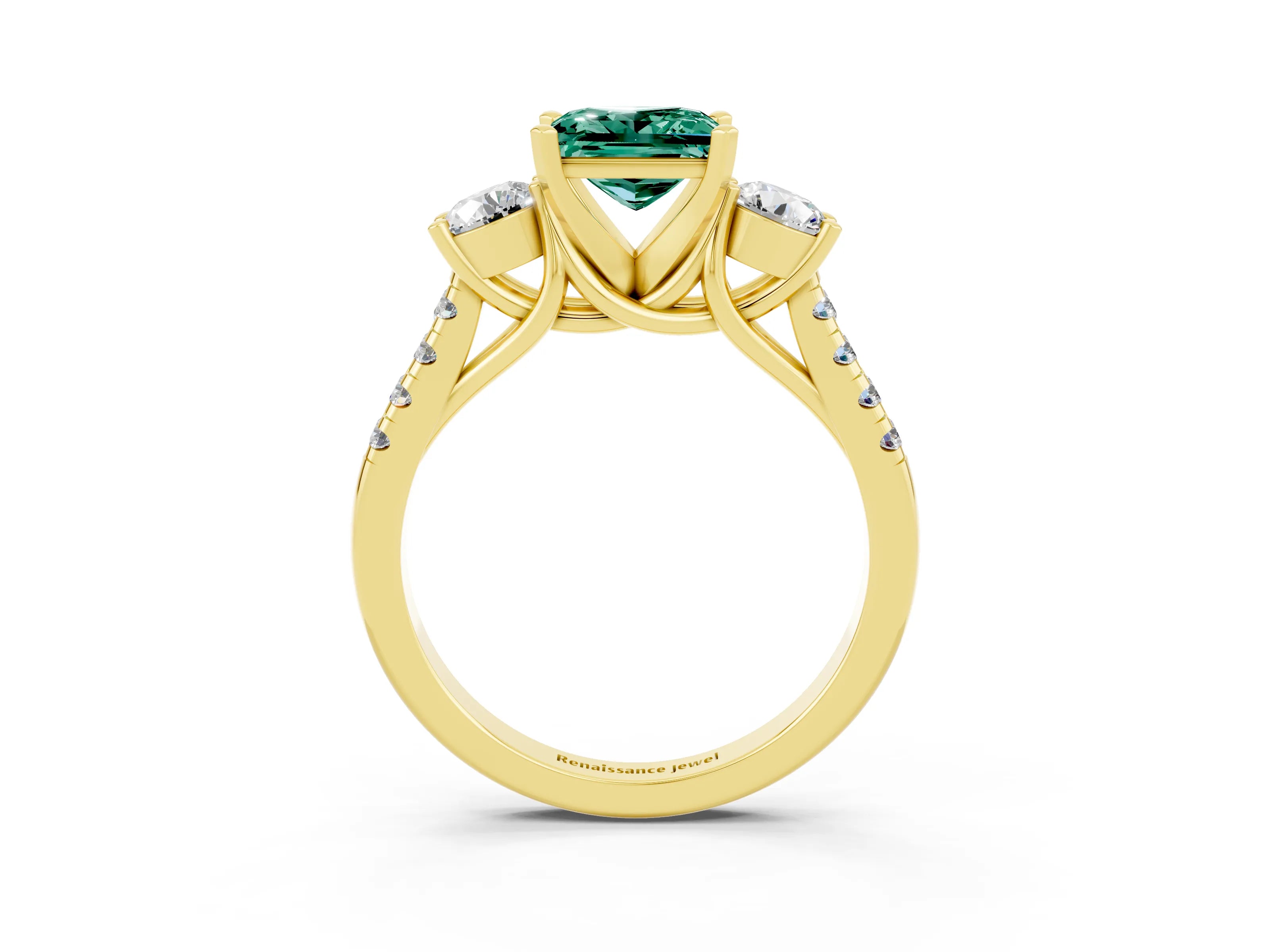 Yellow gold Three-Stone Princess Cut Green Sapphire Pavé Band with Four-Prong Setting_3