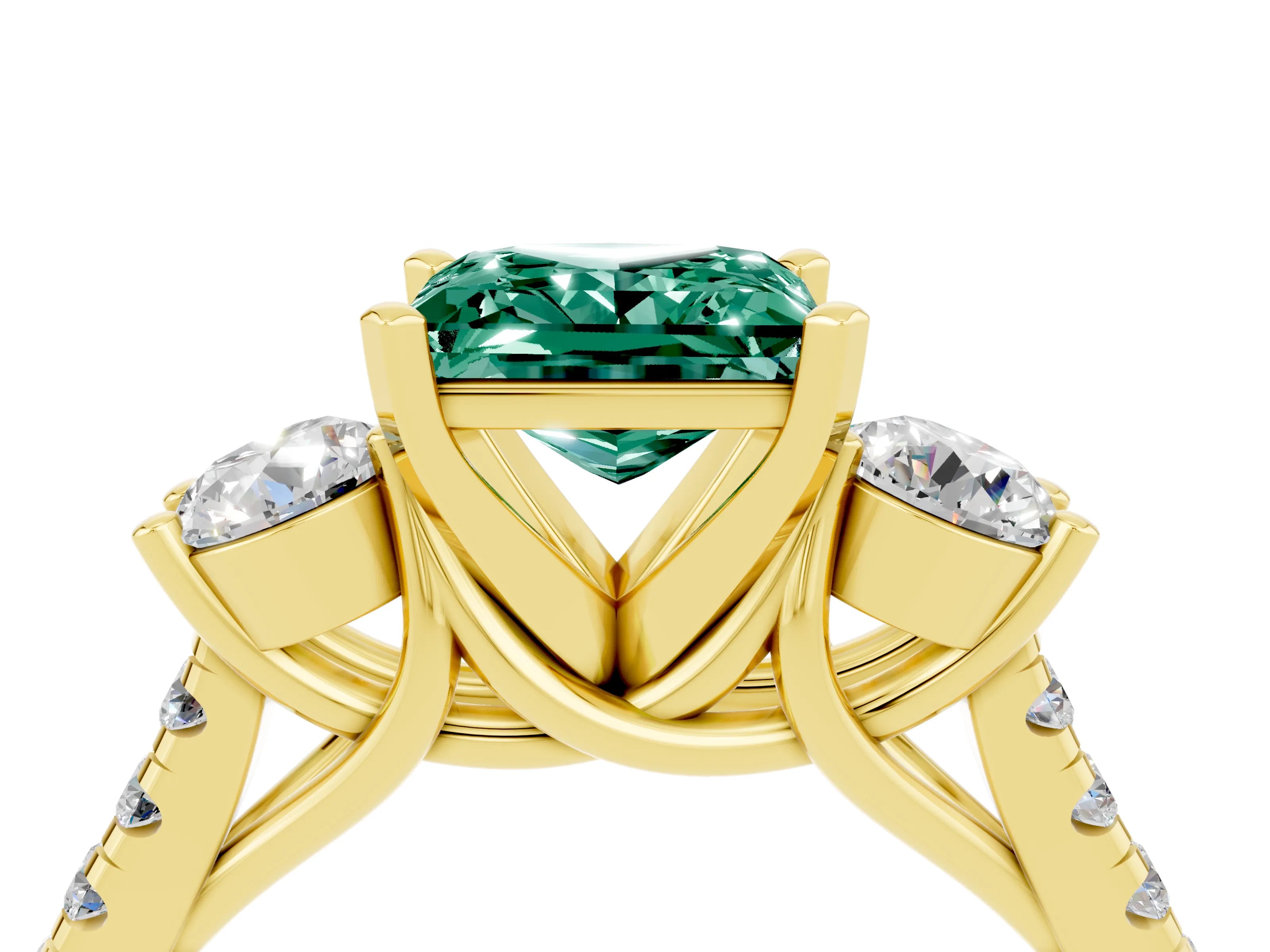 Yellow gold Three-Stone Princess Cut Green Sapphire Pavé Band with Four-Prong Setting_4