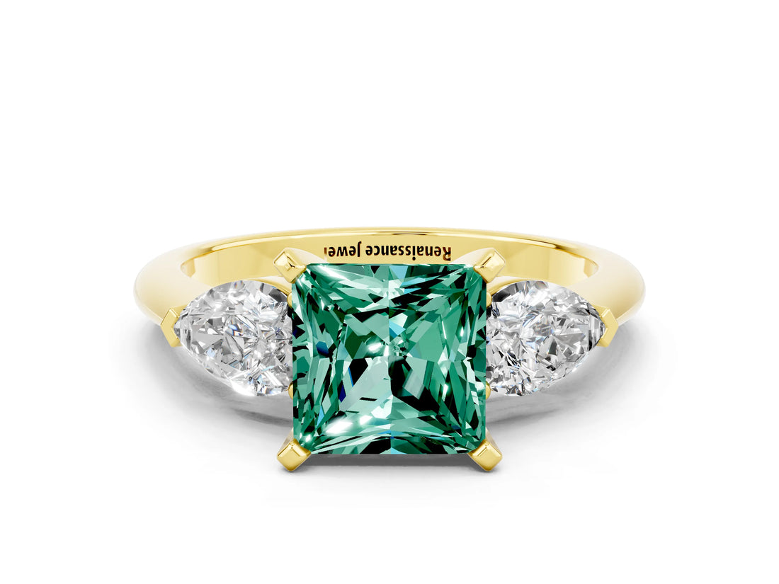 Yellow gold Three-Stone Princess Cut Green Sapphire Ring with Pear Side Stones and Four-Prong Setting
