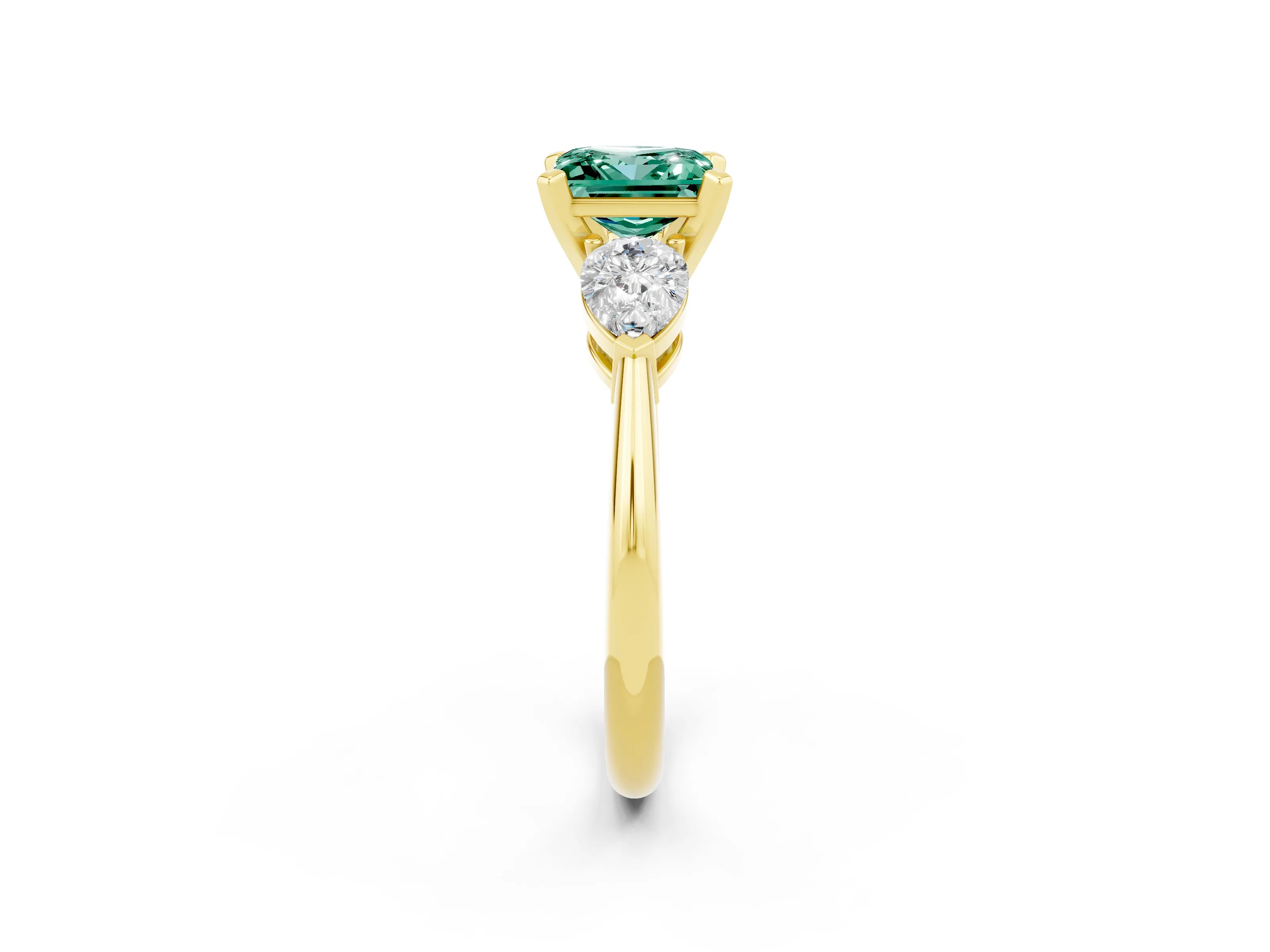 Yellow gold Three-Stone Princess Cut Green Sapphire Ring with Pear Side Stones and Four-Prong Setting_2