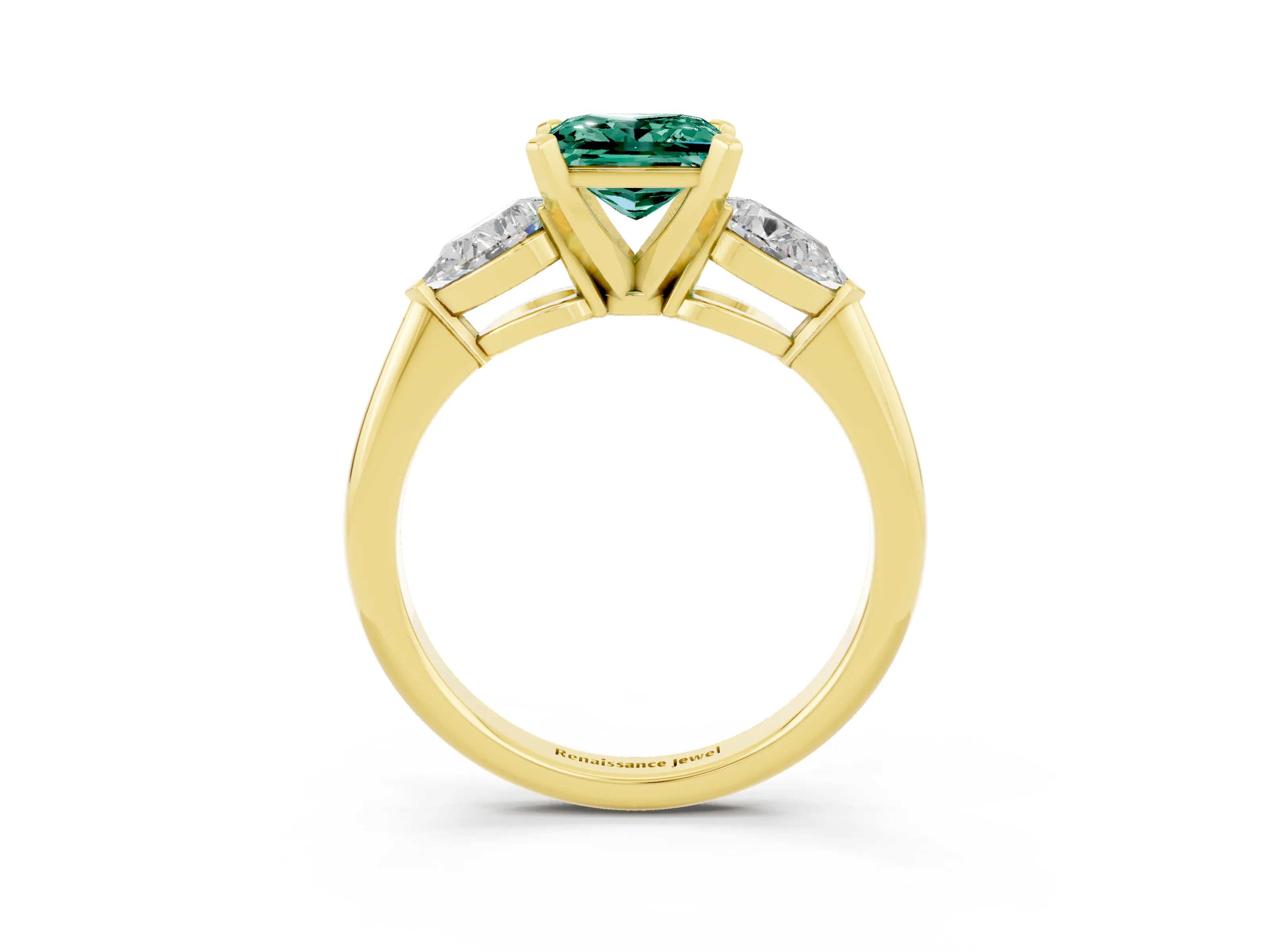 Yellow gold Three-Stone Princess Cut Green Sapphire Ring with Pear Side Stones and Four-Prong Setting_3