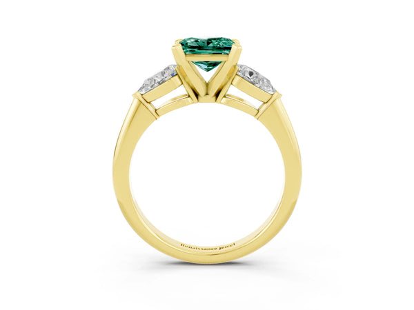 Yellow gold Three-Stone Princess Cut Green Sapphire Ring with Pear Side Stones and Four-Prong Setting