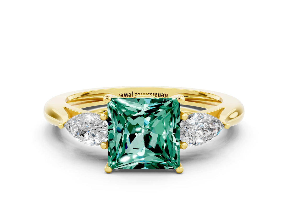 Yellow gold Three-Stone Princess Cut Green Sapphire Ring with Pear  Side Stones in Four-Prong Setting_12