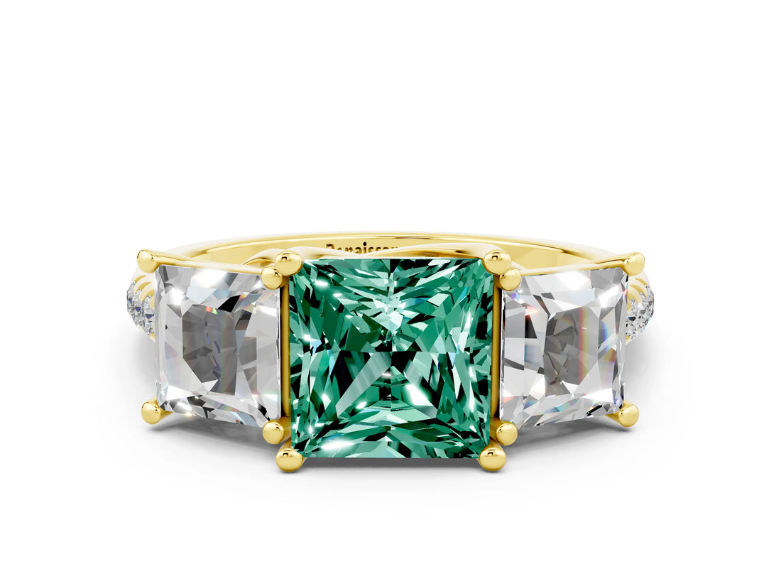 Yellow gold Three-Stone Princess Cut Green Sapphire Ring with Round  Pavé Band and Prong Setting_12