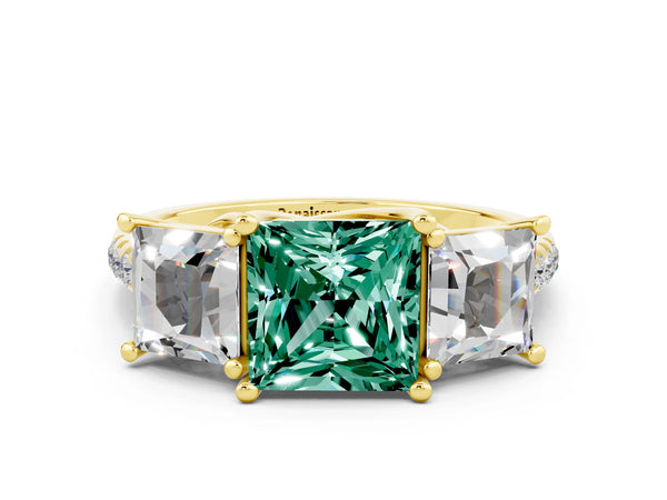 Yellow gold Three-Stone Princess Cut Green Sapphire Ring with Round  Pavé Band and Prong Setting