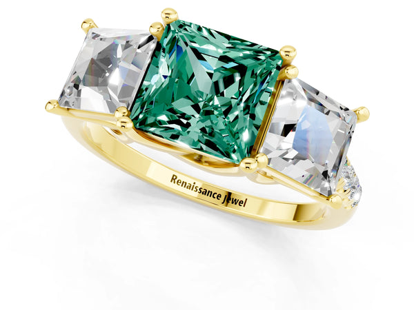 Yellow gold Three-Stone Princess Cut Green Sapphire Ring with Round  Pavé Band and Prong Setting