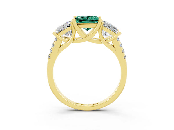 Yellow gold Three-Stone Princess Cut Green Sapphire Ring with Round  Pavé Band and Prong Setting