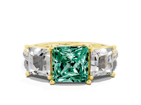 Yellow gold Three-Stone Princess Cut Green Sapphire Ring with Round  Pavé Band and Prong Setting_24