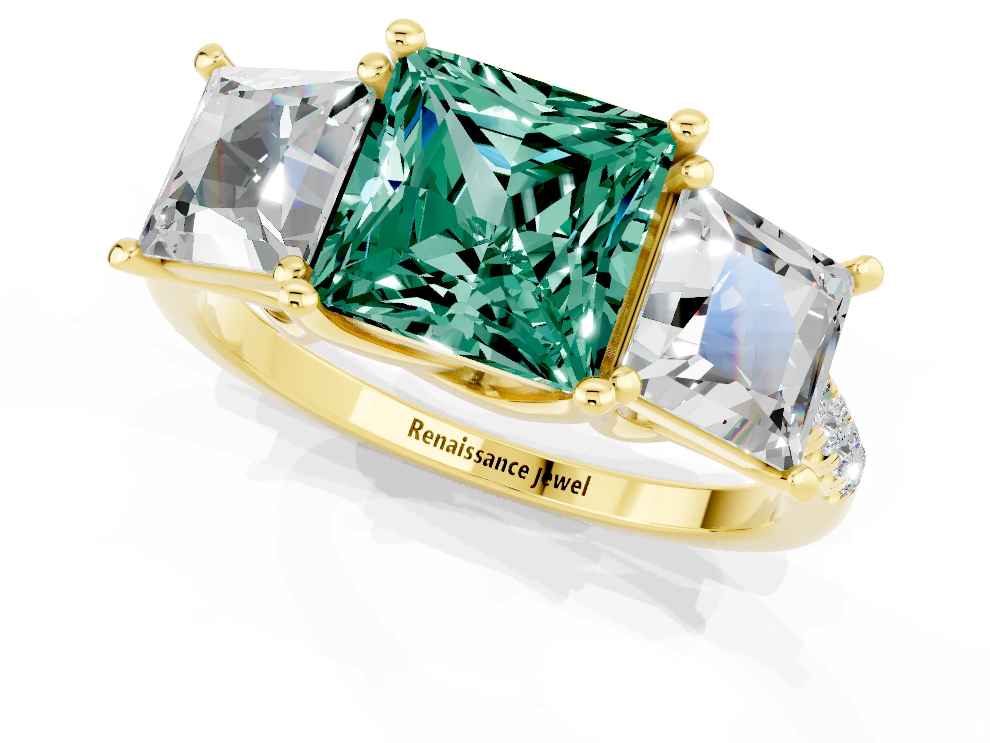 Yellow gold Three-Stone Princess Cut Green Sapphire Ring with Round  Pavé Band and Prong Setting_25