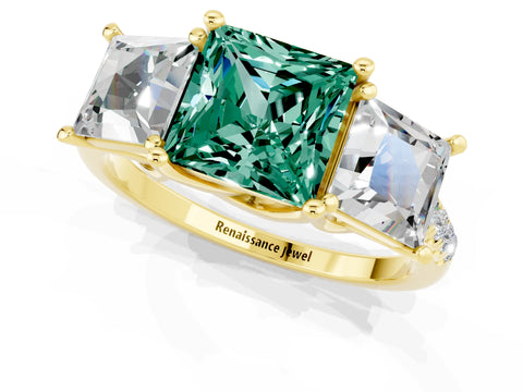 Yellow gold Three-Stone Princess Cut Green Sapphire Ring with Round  Pavé Band and Prong Setting_25